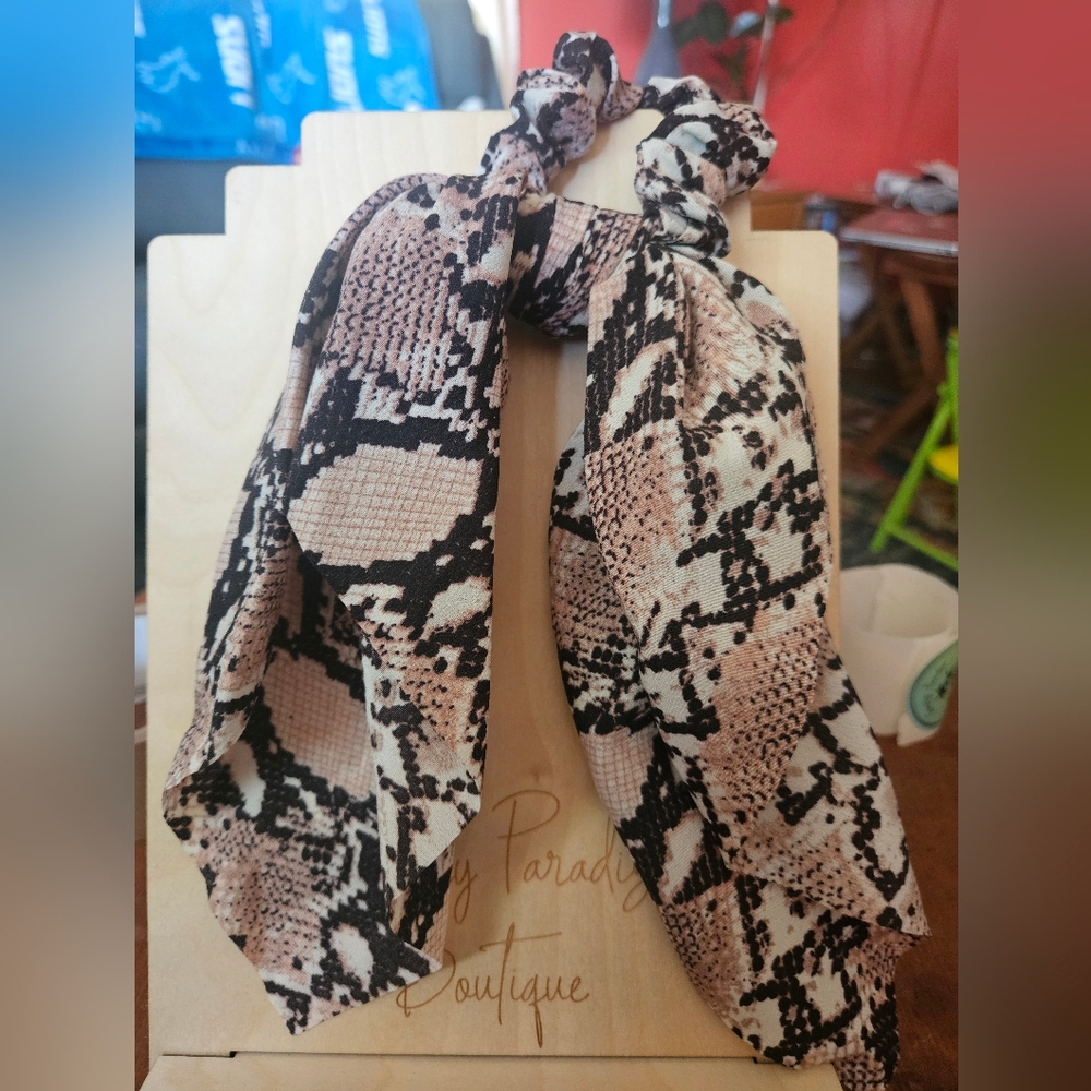 Snake Print Hair Scrunchie With Ribbons